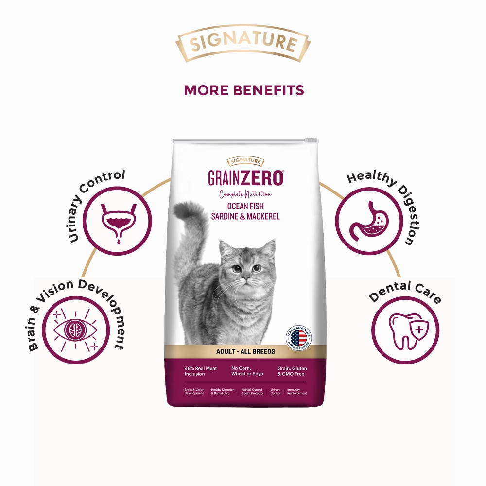 Signature Grain Zero Ocean Fish, Sardine and Mackerel Adult Cat Dry Food and Grain Zero Bonito and Scallop Lickable Creamy Treats for Cats Combo