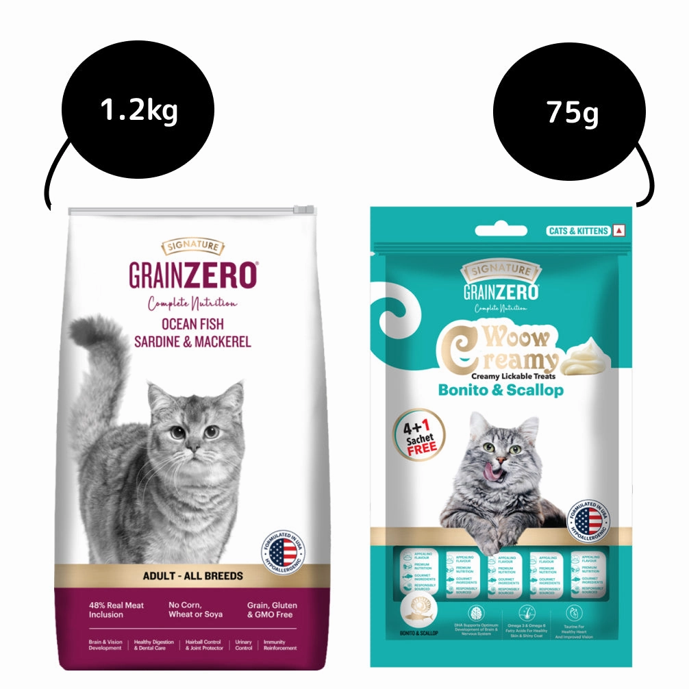 Signature Grain Zero Ocean Fish, Sardine and Mackerel Adult Cat Dry Food and Grain Zero Bonito and Scallop Lickable Creamy Treats for Cats Combo