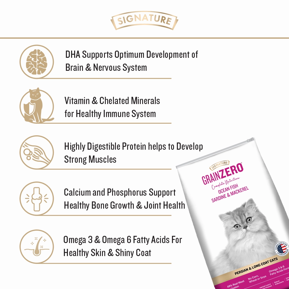 Signature Grain Zero Ocean Fish, Sardine and Mackerel Long Coat & Persian Adult Cat Dry Food and Grain Zero Crab Lickable Creamy Cat Treats Combo