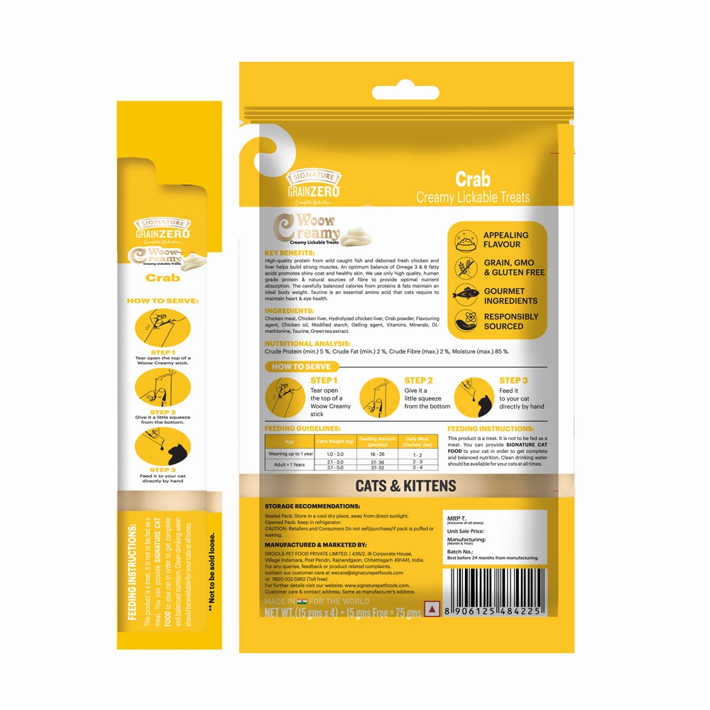 Signature Grain Zero Ocean Fish, Sardine and Mackerel Long Coat & Persian Adult Cat Dry Food and Grain Zero Crab Lickable Creamy Cat Treats Combo