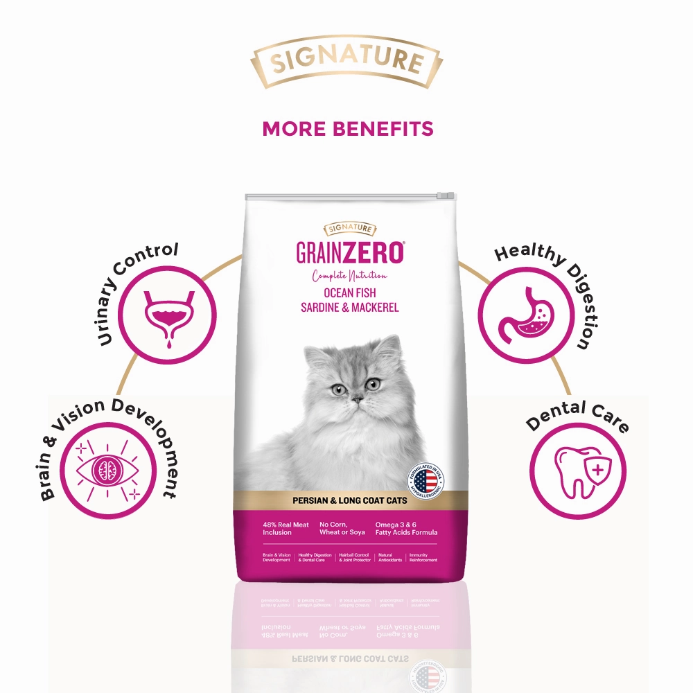 Signature Grain Zero Ocean Fish, Sardine and Mackerel Long Coat & Persian Adult Cat Dry Food and Grain Zero Crab Lickable Creamy Cat Treats Combo