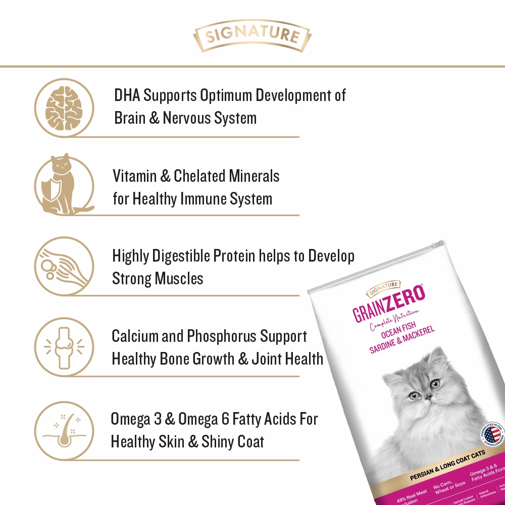 Signature Grain Zero Ocean Fish, Sardine and Mackerel Long Coat & Persian Cat Dry Food and  Grain Zero Tuna and Ocean Fish Lickable Creamy Cat Treats