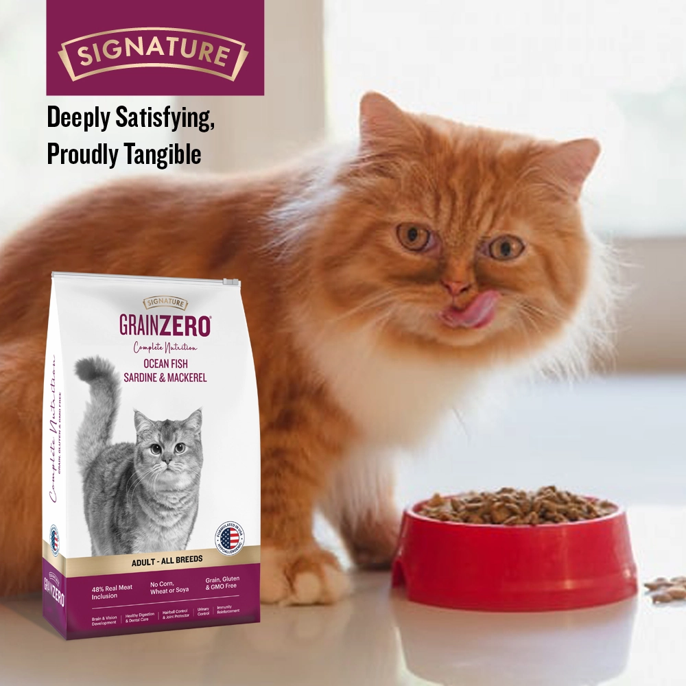 Signature Grain Zero Ocean Fish, Sardine and Mackerel Long Coat & Persian Cat Dry Food and  Grain Zero Tuna and Ocean Fish Lickable Creamy Cat Treats