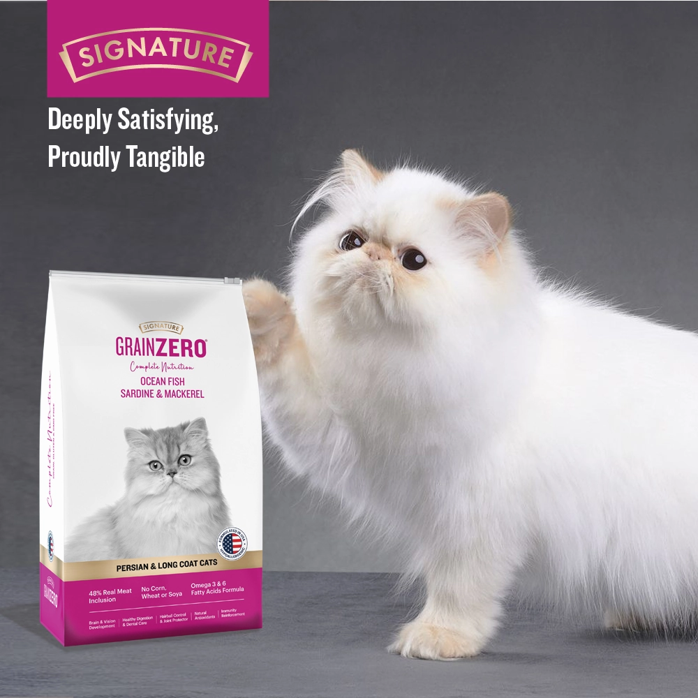 Signature Grain Zero Ocean Fish, Sardine and Mackerel Long Coat & Persian Cat Dry Food and  Grain Zero Tuna and Ocean Fish Lickable Creamy Cat Treats
