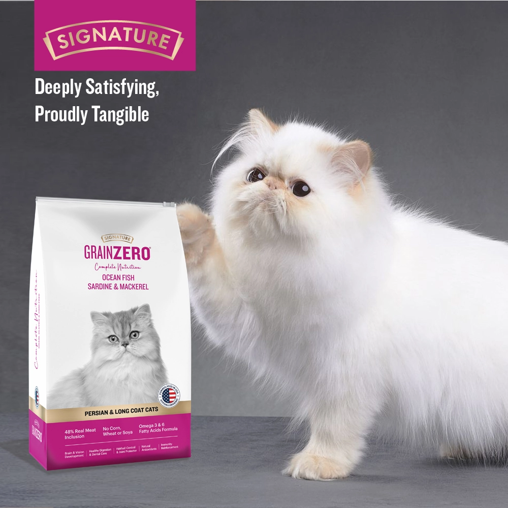 Signature Grain Zero Ocean Fish, Sardine and Mackerel Long Coat & Persian Cat Dry Food and  Grain Zero Tuna and Ocean Fish Lickable Creamy Cat Treats