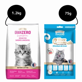 Signature Grain Zero Ocean Fish, Sardine and Mackerel Mother and Kitten Cat Dry Food and Grain Zero Chicken and Liver Lickable Creamy Cat Treats Combo