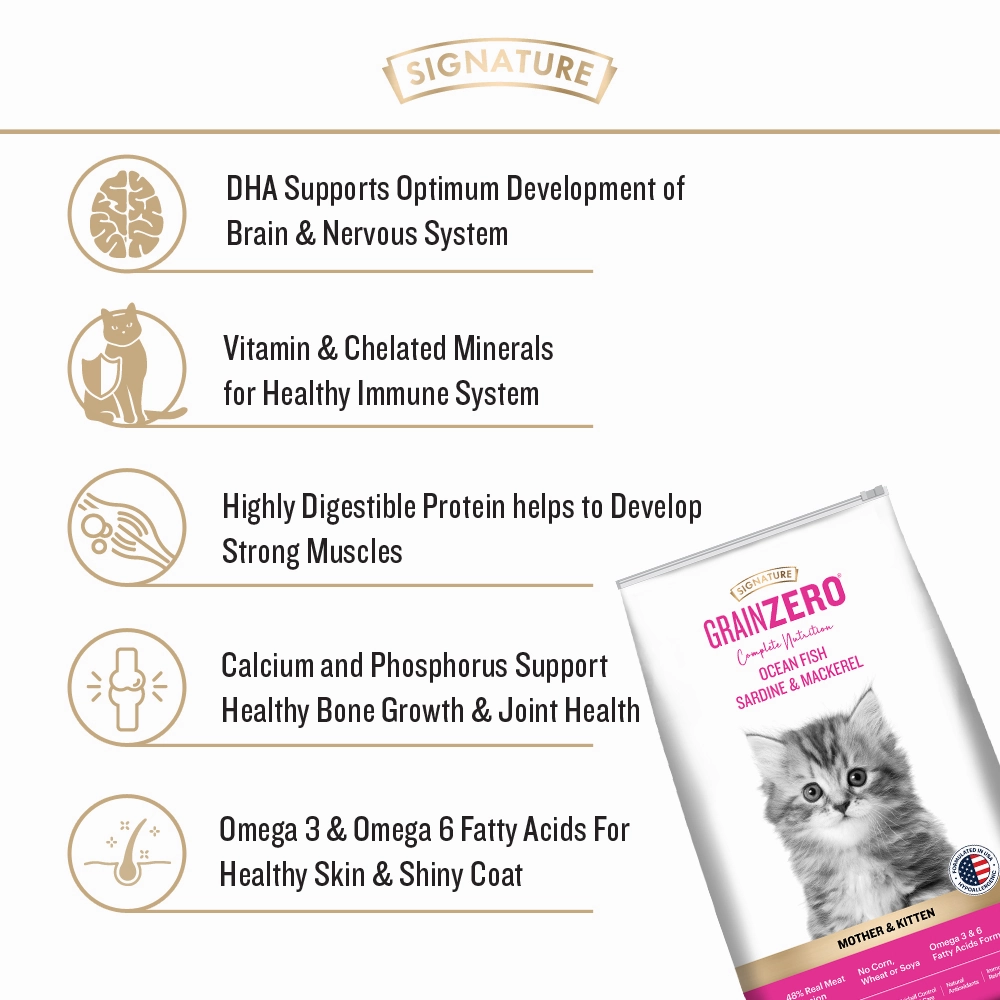 Signature Grain Zero Ocean Fish, Sardine and Mackerel Mother and Kitten Cat Dry Food and Grain Zero Chicken and Liver Lickable Creamy Cat Treats Combo