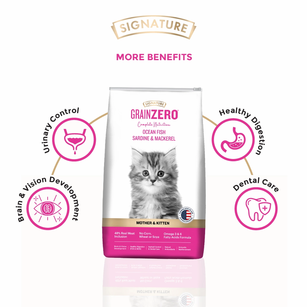Signature Grain Zero Ocean Fish, Sardine and Mackerel Mother and Kitten Cat Dry Food and Grain Zero Chicken and Liver Lickable Creamy Cat Treats Combo