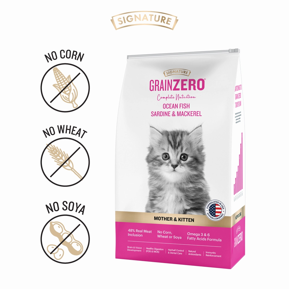 Signature Grain Zero Ocean Fish, Sardine and Mackerel Mother and Kitten Cat Dry Food and Grain Zero Chicken and Liver Lickable Creamy Cat Treats Combo