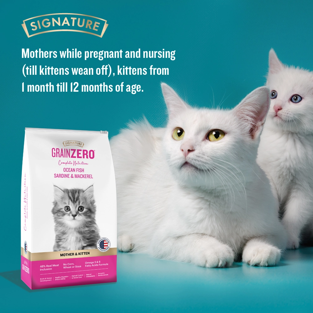 Signature Grain Zero Ocean Fish, Sardine and Mackerel Mother and Kitten Cat Dry Food and Grain Zero Chicken and Liver Lickable Creamy Cat Treats Combo