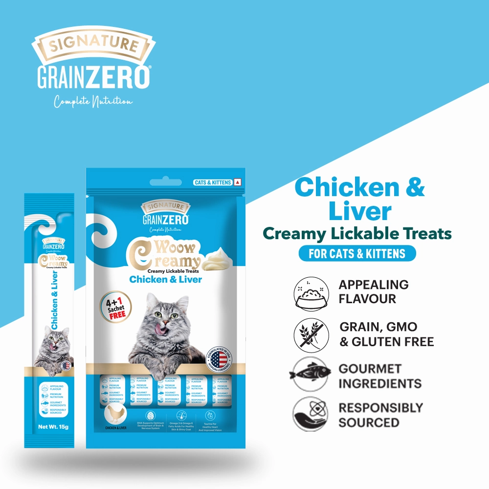 Signature Grain Zero Ocean Fish, Sardine and Mackerel Mother and Kitten Cat Dry Food and Grain Zero Chicken and Liver Lickable Creamy Cat Treats Combo