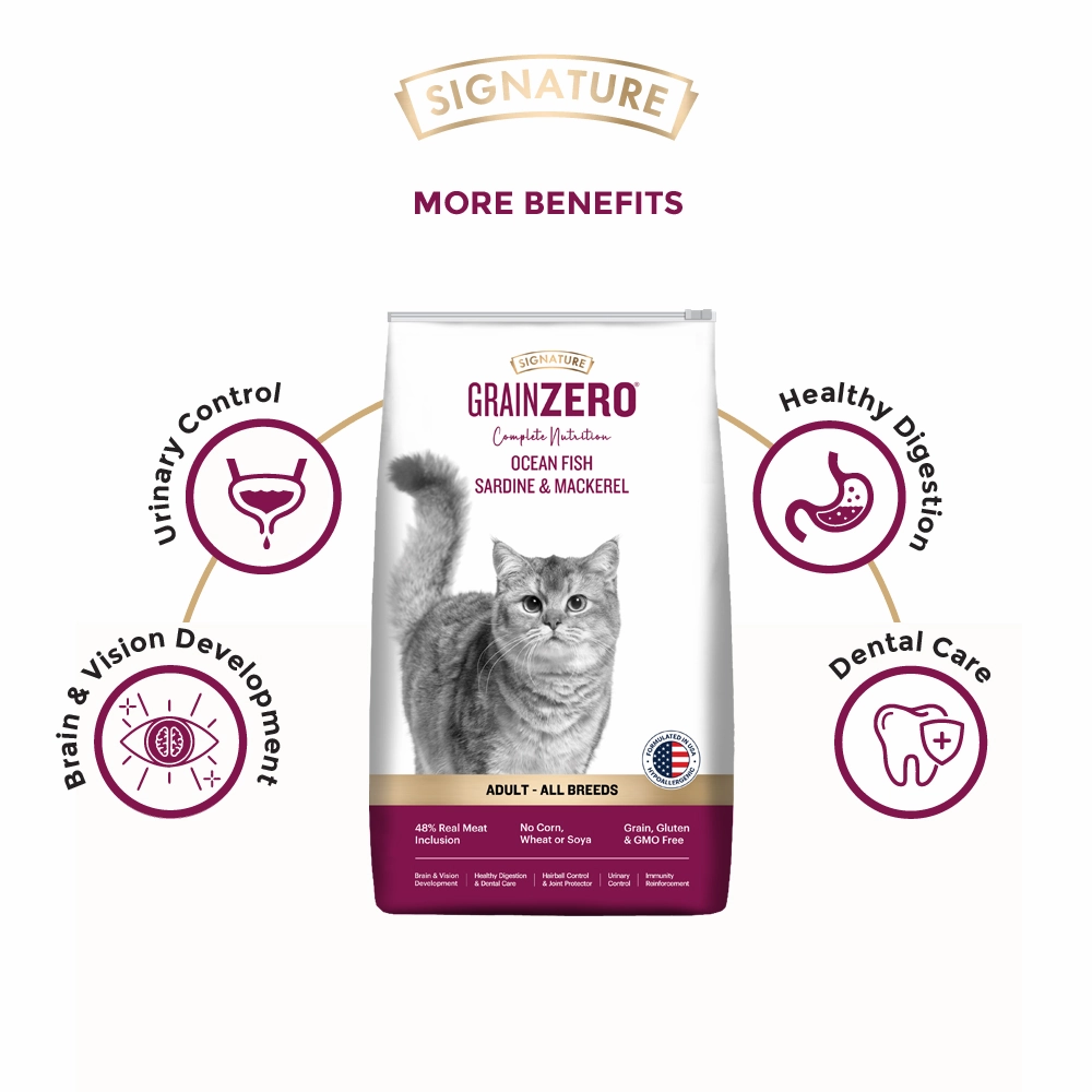 Signature Grain Zero Ocean Fish Sardine Mackerel Adult Dry Food, Me O Creamy Chicken Liver Cats Treat Combo