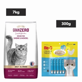 Signature Grain Zero Ocean Fish Sardine Mackerel Adult Dry Food, Me O Creamy Chicken Liver Cats Treat Combo