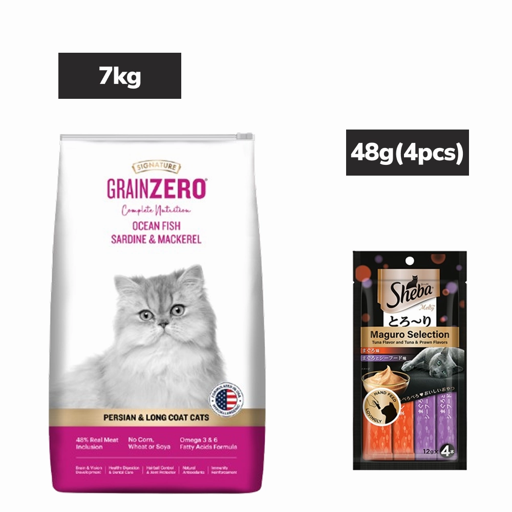 Signature Grain Zero Ocean Fish Sardine Mackerel Adult Dry Food, Sheba Tuna Prawn Maguro Melty Cats Treats Combo