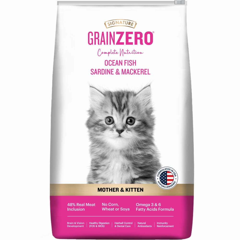 Signature Grain Zero Ocean Fish Sardine Mackerel Kitten Dry Food, Me O Creamy Chicken Liver Cats Treat Combo