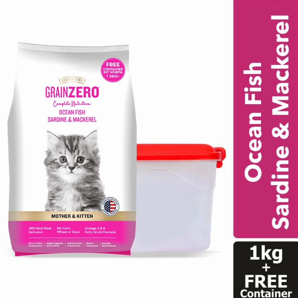 Signature Grain Zero Ocean Fish Sardine Mackerel Kitten Dry Food, Scoopy Lavender Natural Brown Sand Cat Litter Combo
