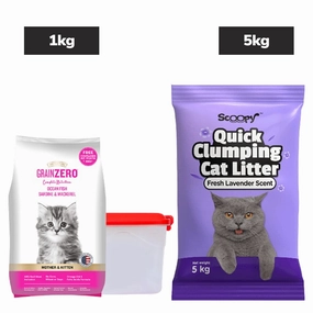 Signature Grain Zero Ocean Fish Sardine Mackerel Kitten Dry Food, Scoopy Lavender Natural Brown Sand Cat Litter Combo
