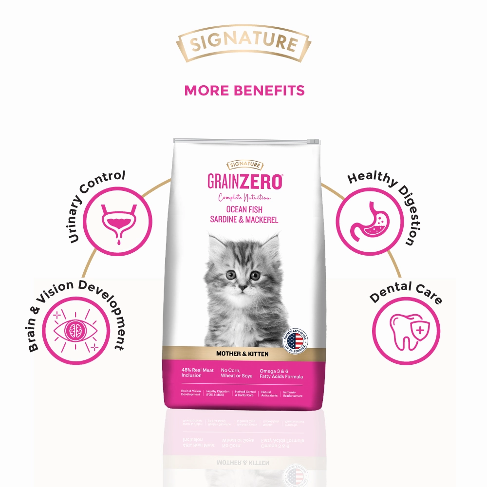 Signature Grain Zero Ocean Fish Sardine Mackerel Kitten Dry Food, Scoopy Lavender Natural Brown Sand Cat Litter Combo