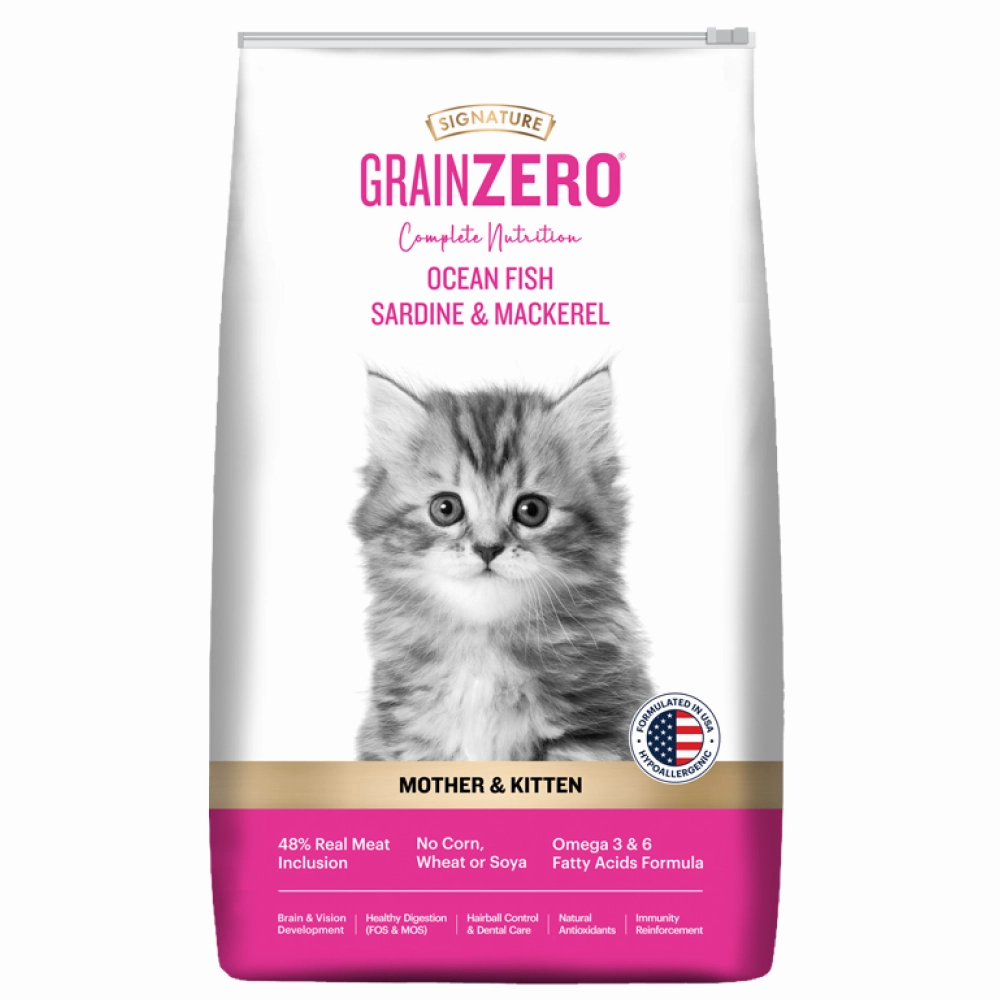 Signature Grain Zero Ocean Fish Sardine Mackerel Kitten Dry Food, Scoopy Lavender Natural Brown Sand Cat Litter Combo