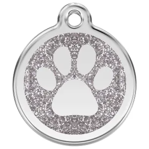 Stainless Steel And Glitter Enamel Paw Print Silver Dog ID Tag