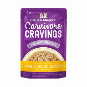 Stella & Chewy's - Carnivore Cravings Pouch For Adult Cats in Tasty Broth (Savory Shreds) - Chicken & Chicken Liver Recipe 2.8oz