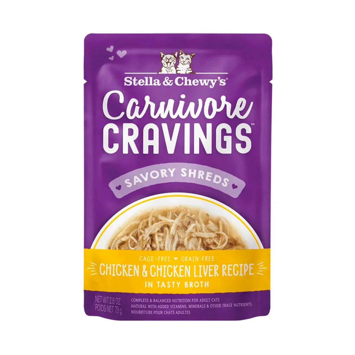 Stella & Chewy's - Carnivore Cravings Pouch For Adult Cats in Tasty Broth (Savory Shreds) - Chicken & Chicken Liver Recipe 2.8oz