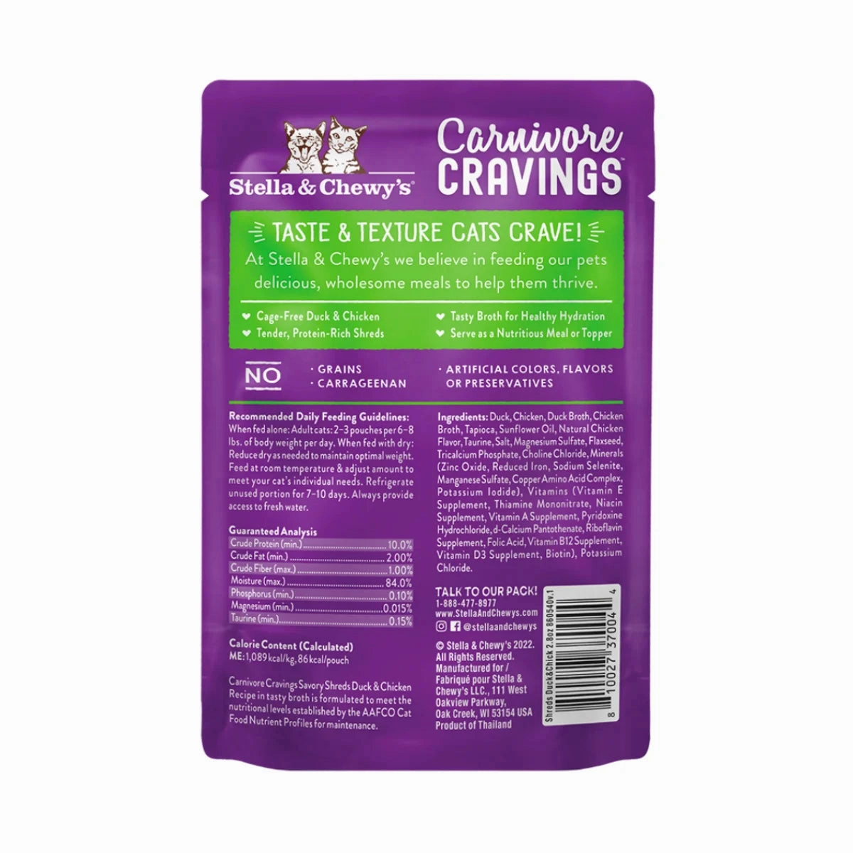 Stella & Chewy's - Carnivore Cravings Pouch For Adult Cats in Tasty Broth (Savory Shreds) - Duck & Chicken Recipe 2.8oz