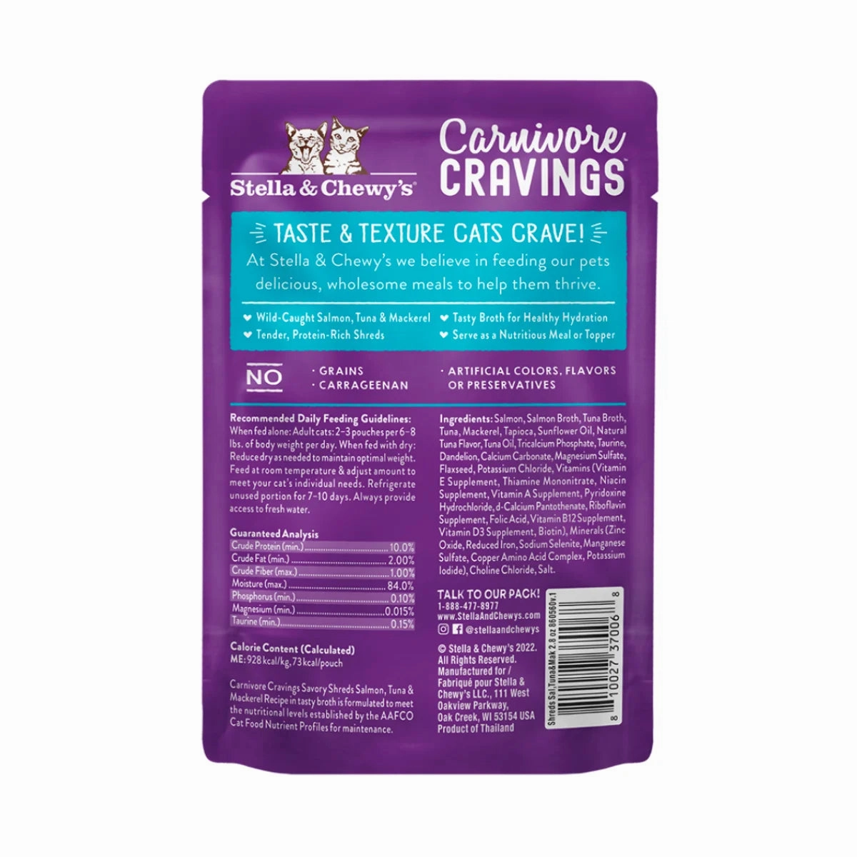 Stella & Chewy's - Carnivore Cravings Pouch For Adult Cats in Tasty Broth (Savory Shreds) - Salmon, Tuna & Mackerel Recipe 2.8oz