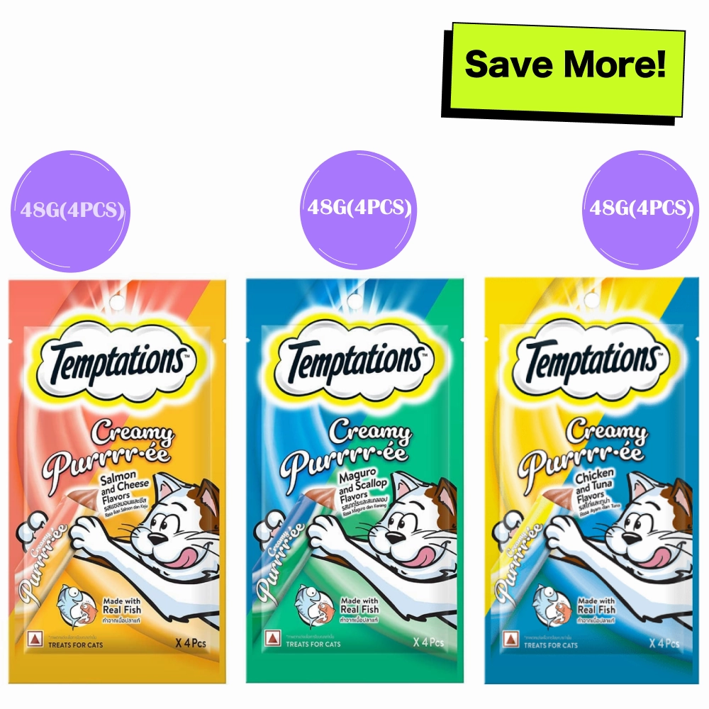 Temptations Purrrr ee Chicken & Tuna, Salmon & Cheese, Maguro & Scallop Cat Treats Combo