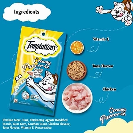 Temptations Seafood Medley Flavour, Tasty Chicken Flavour and Creamy Purrrr ee Chicken & Tuna Cat Treats Combo