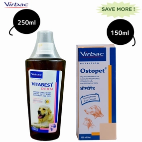 Virbac Ostopet Calcium Supplement Syrup (150ml) and Vitabest Derm Omega 3   6 Syrup for Dogs & Cats (250ml) Combo