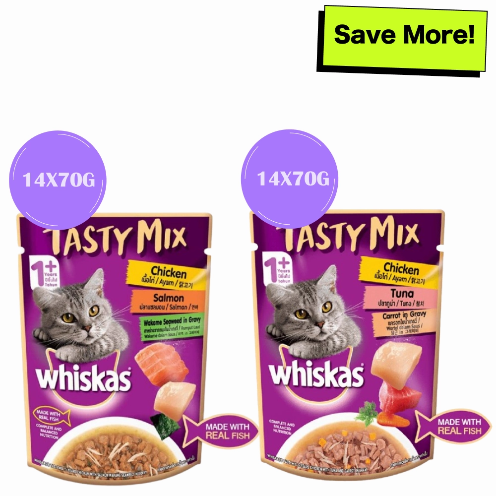 Whiskas Chicken With Tuna & Carrot and Salmon Wakame Seaweed in Gravy Tasty Mix Adult Cat Wet Food Combo