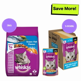Whiskas Ocean Fish and Tuna in Jelly Meal Adult Cat Wet and Dry Food Combo