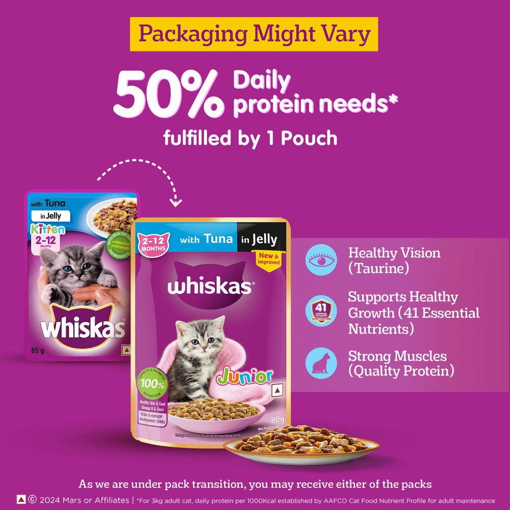 Whiskas Tuna in Jelly Kitten Wet Food and Mackerel Flavour Kitten (2 to 12 months) Dry Food Combo